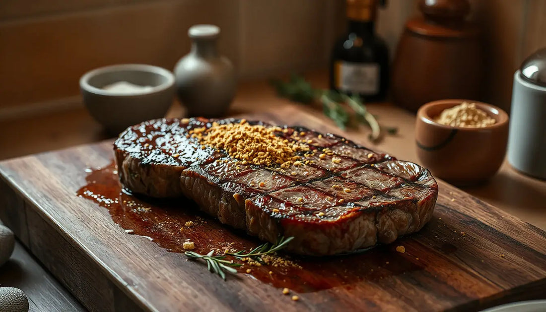 Ein saftiges Steak brutzelt auf einem Grill mit Kräutern und aufsteigendem Rauch.
