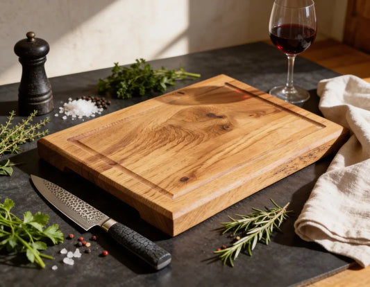 Schneidebrett Eiche 35x25x4 cm mit Griffmulde, handgefertigtes kompaktes Chefbrett aus Vollholz für Obst, Gemüse, Brotzeit und Alltag in der Küche