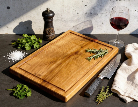 Schneidebrett Eiche 40x30 aus massivem Holz mit Saftrille, handgefertigtes Holzbrett für Küche, BBQ und stilvolles Servieren
