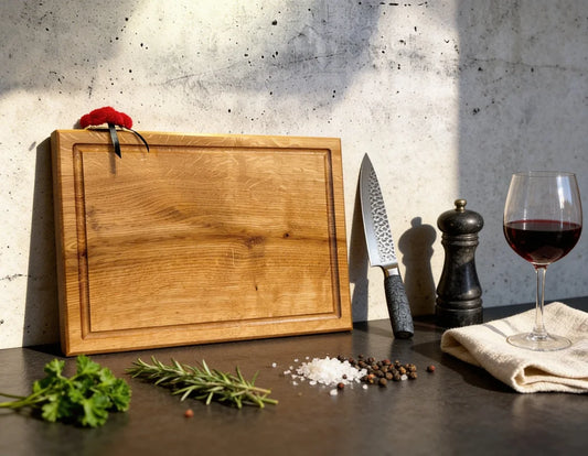 Massives Schneidebrett aus Eiche 40x30 cm mit Saftrille, hochwertiges Servierbrett und Küchenbrett aus Vollholz für Küche und Grill