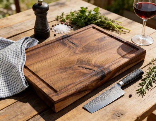 Chefbrett S Premium aus Nussbaum 40x30x5 cm, massives Schneidebrett aus Vollholz mit Saftrille für Küche, Grill und präzise Vorbereitung