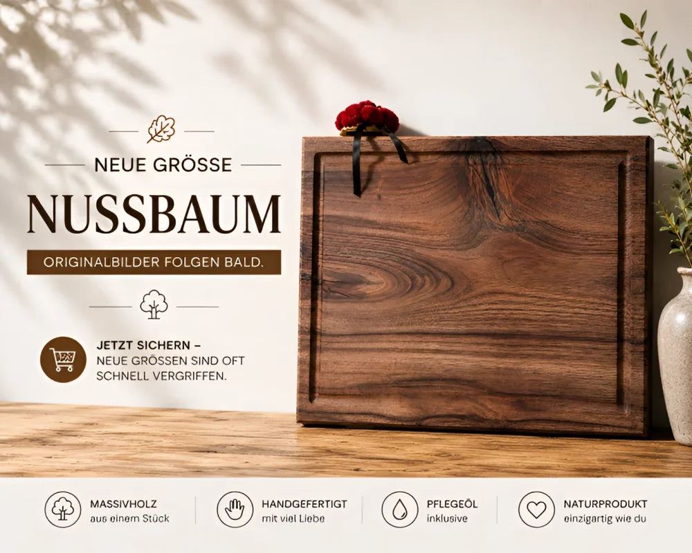 Alt Text:
Nussbaum Schneidebrett 50x50x5 cm großes quadratisches Küchenbrett aus einem Stück Massivholz