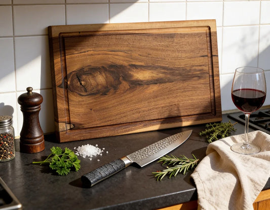 Massives Schneidebrett aus Nussbaum 60x40x4 cm, handgefertigtes XXL Holzbrett für Küche, Servieren, Anrichten und entspanntes Arbeiten mit viel Fläche