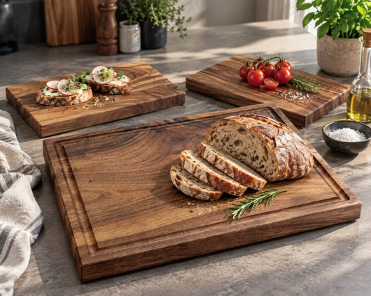 KÜCHENHELD – Nussbaum-Schneidebrett-Set mit Hauptbrett 40 × 30 × 4 cm und zwei Vesperbrettern 30 × 20 cm in natürlicher Küchenszene