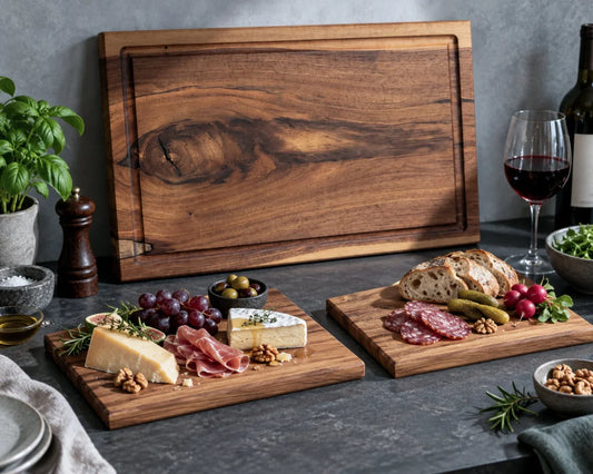GASTGEBER Nussbaum Schneidebrett-Set 60 × 40 cm – großes Hauptbrett mit Saftrille und zwei Vesperbrettern 30 × 20 cm