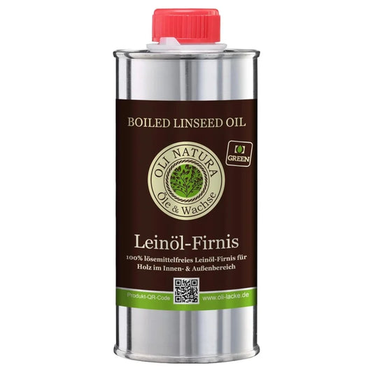 Metallbehälter mit gekochtem Leinöl, rotem Deckel für OLI-NATURA Leinöl-Firnis