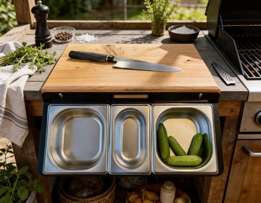 Eiche Arbeitsstation mit Auffangschale und Behältern, hochwertiges Schneidebrett für strukturierte Vorbereitung, Küche, BBQ und geordneten Workflow