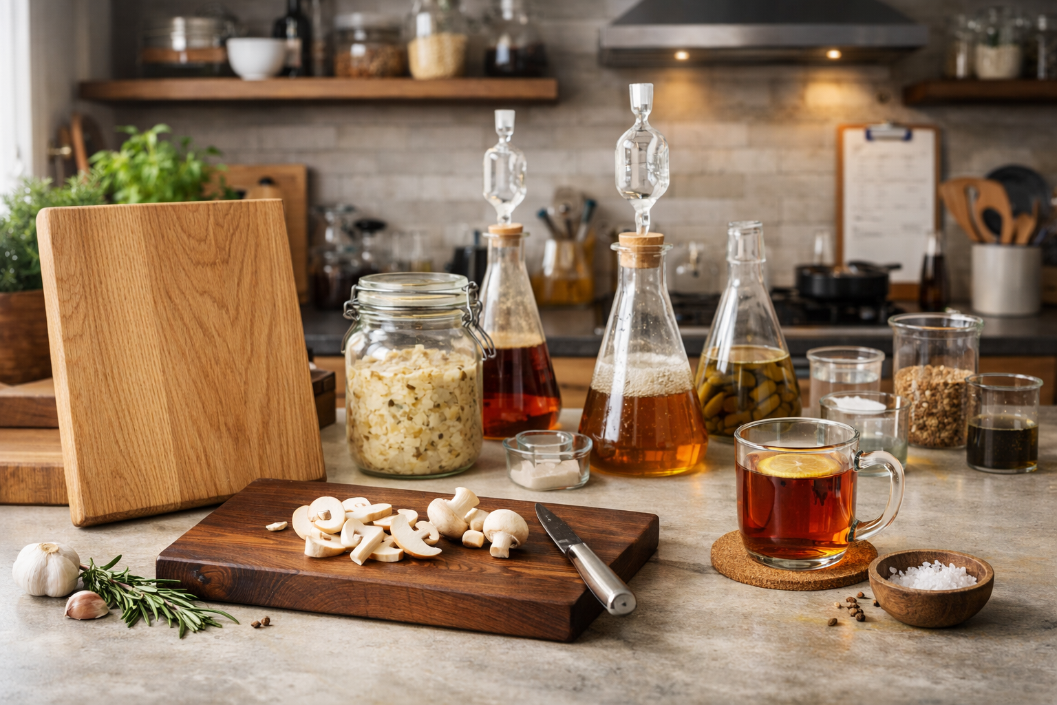 Gerbsäure & Tannine im Holz: Eiche- und Nussbaum-Schneidebrett in moderner Küche – Lebensmittelkontakt & Pflege