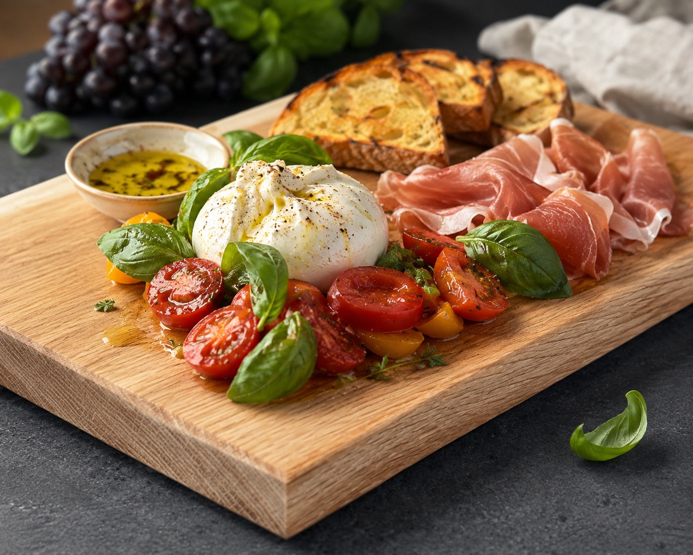 Feierabendbrett mit Burrata, Tomaten, Prosciutto und geröstetem Brot auf massivem Holzbrett