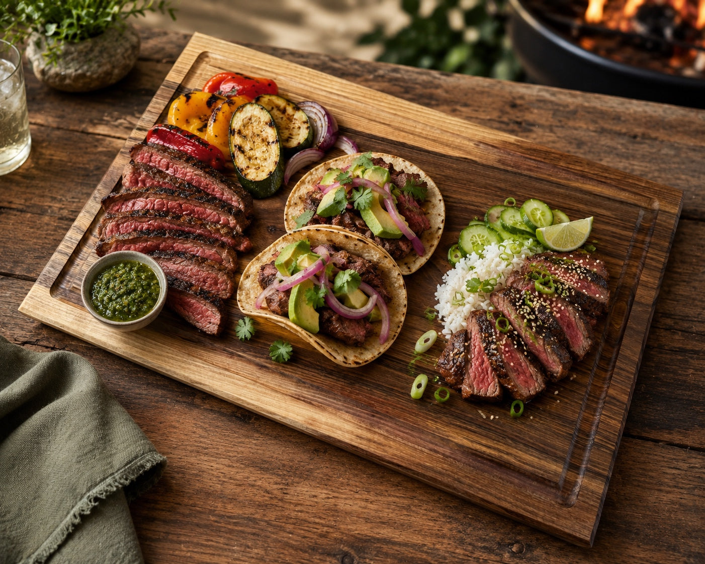 Bavette 3 Wege mit Steak, Tacos und Asia-Bowl auf großem Holzbrett mit Chimichurri, Reis und Grillgemüse