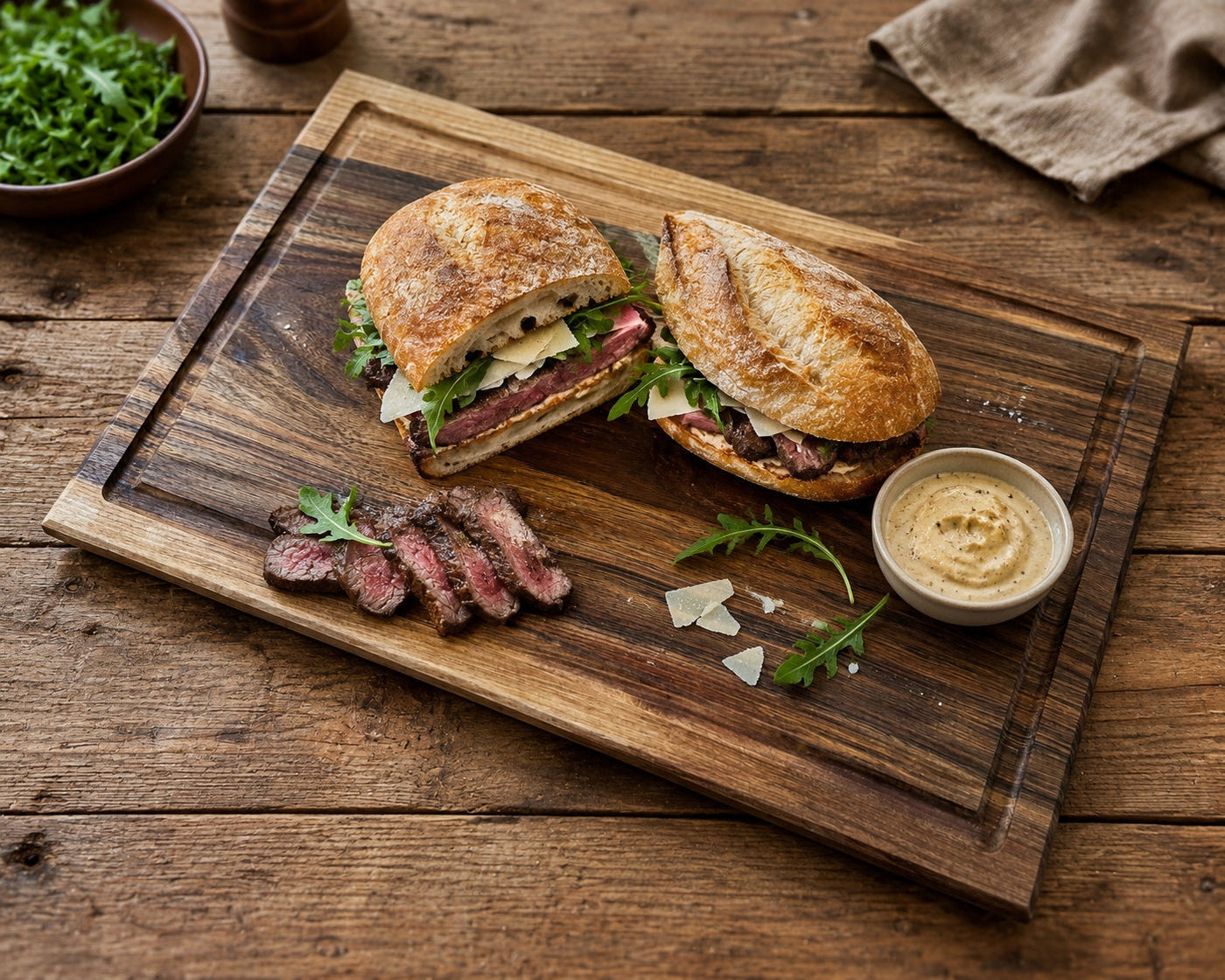Steak-Sandwich mit dünn geschnittenem Steak, Rucola, Parmesan und Senfcreme auf massivem Eichenbrett