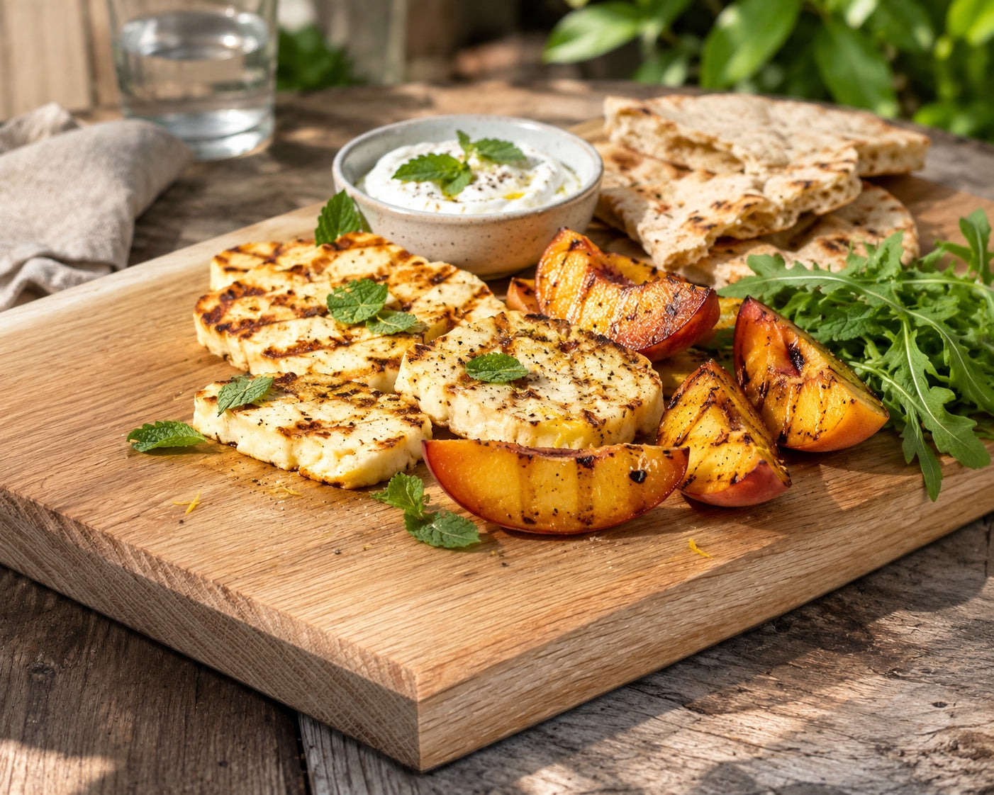Halloumi-Pfirsich-Board mit gegrilltem Halloumi, Pfirsich, Minz-Joghurt und Fladenbrot auf massivem Holzbrett