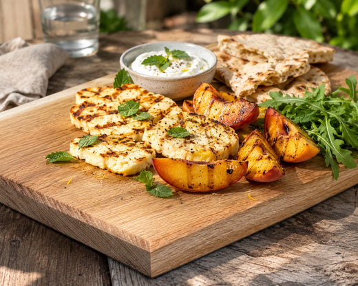 Halloumi-Pfirsich-Board in 15 Minuten – mit Minz-Joghurt & Fladenbrot