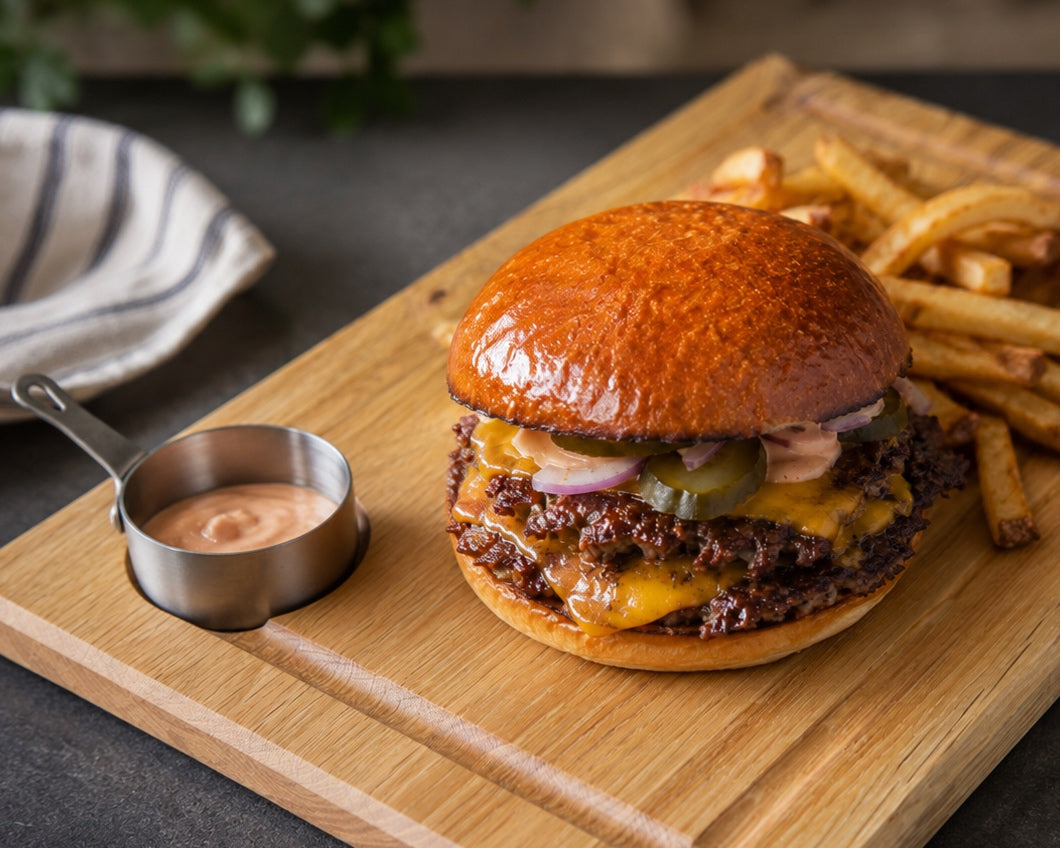 Smashed Burger mit Cheddar, Pickles, Burgersauce und Pommes auf massivem Eichenbrett