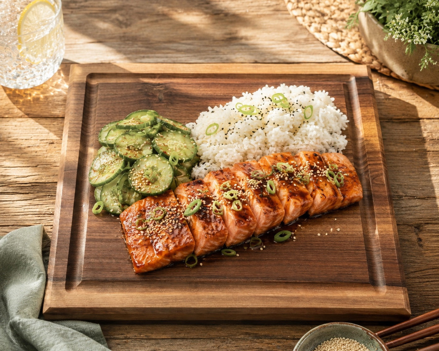 Glasierter Lachs mit Gurkensalat, Sesam und Reis auf einem massiven Holzbrett angerichtet
