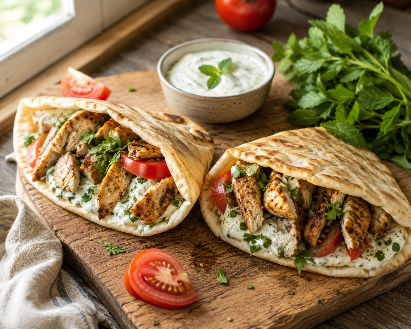 Hähnchen-Pita mit Kräuter-Joghurt, Tomaten und frischen Kräutern auf massivem Holzbrett