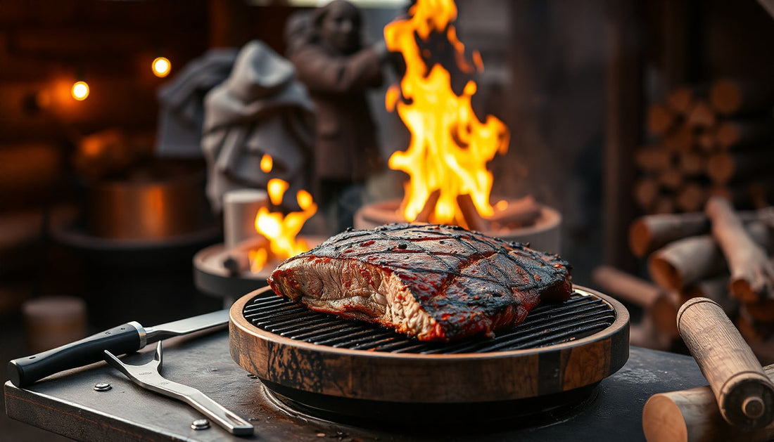 Rustikales BBQ-Setting mit einem rauchenden Smoker und einem massiven Holzschneidebrett.