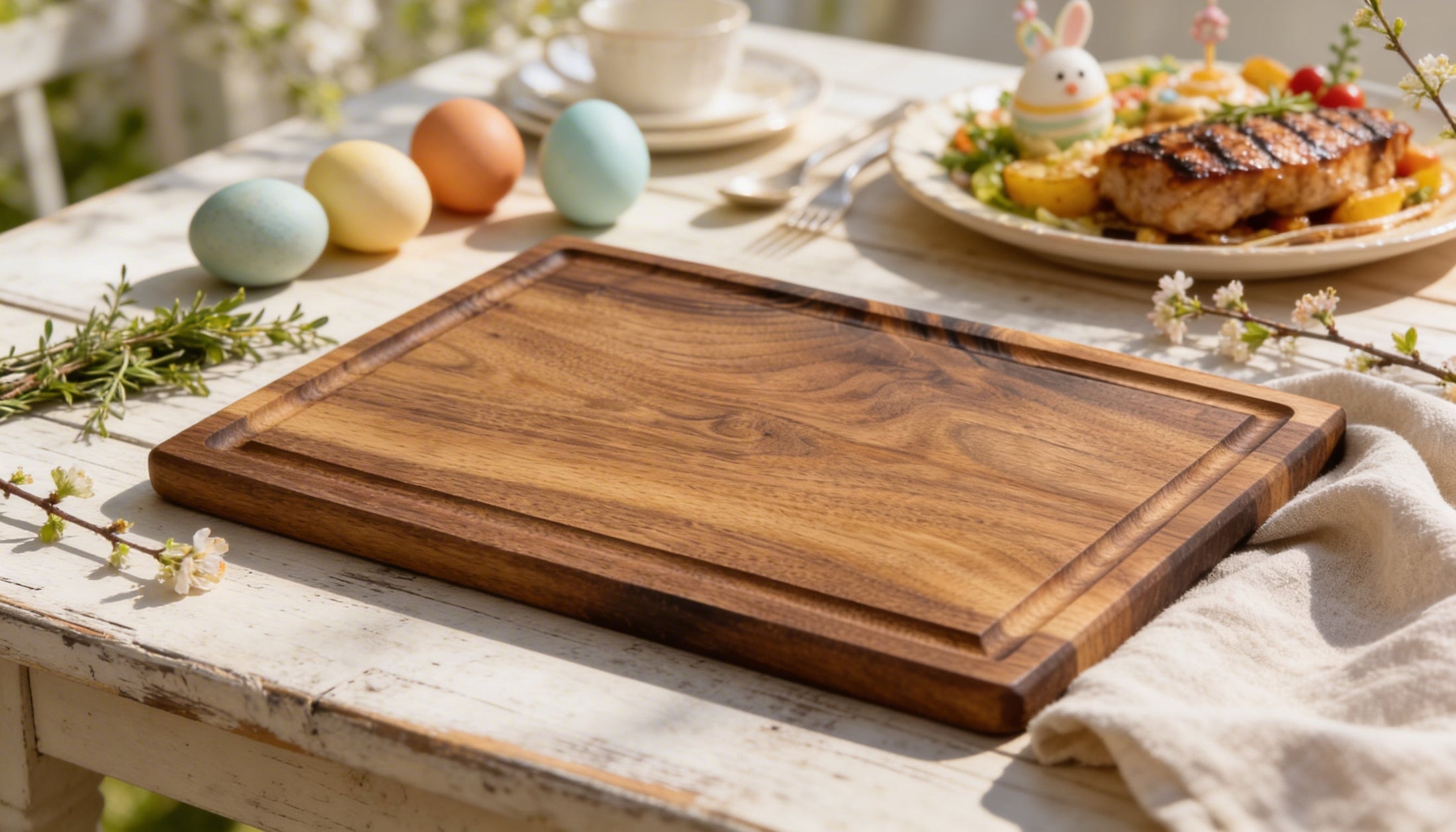 Osterlich dekoriertes Massivholzbrett in heller Frühlingsszene mit natürlichen Eiern, Kräutern und stilvoller BBQ-Atmosphäre