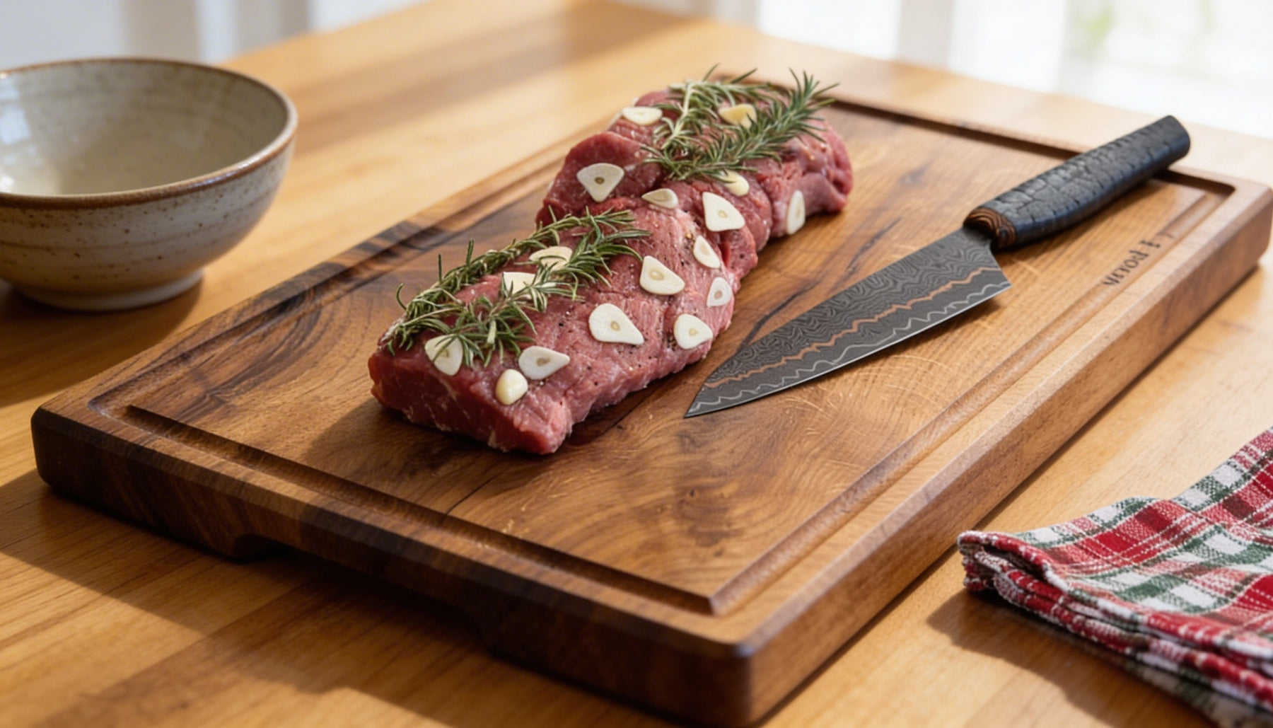 Massives Holz Schneidebrett mit rohem Fleisch – natürliches Küchenbrett aus Holz für bewusstes Schneiden, BBQ und sichere Küchenhygiene