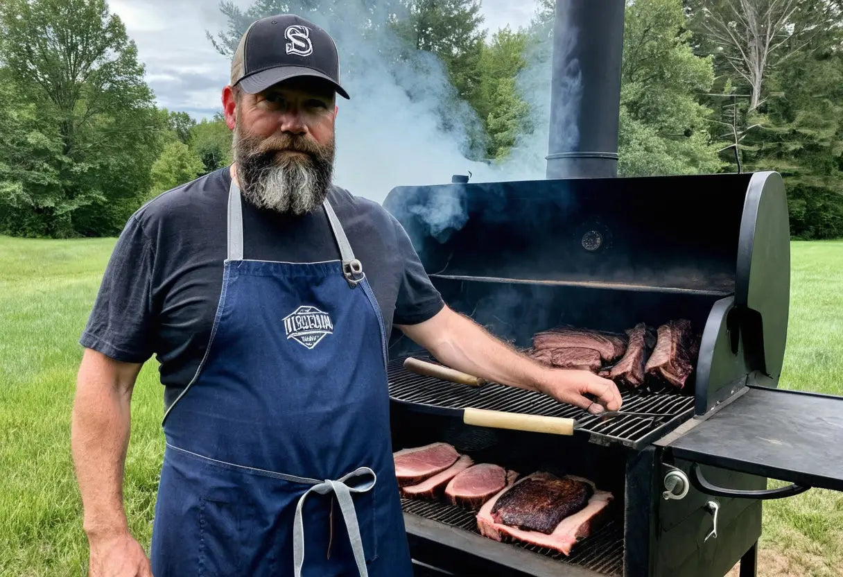 Bärtiger Mann in einer Schürze, der Fleisch grillt.