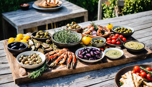 Ein Holzbrett mit einer Auswahl an Oliven, frischen Kräutern, gekochten Shrimps und verschiedenen Dips, die sich für einen Vorspeisenaufstrich eignen.