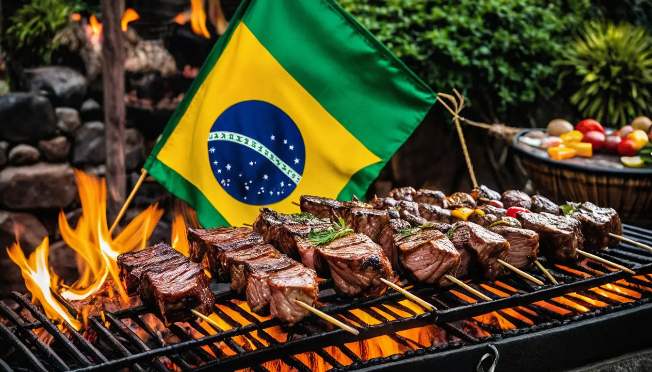Gegrillte Fleischspieße mit brasilianischer Flagge.