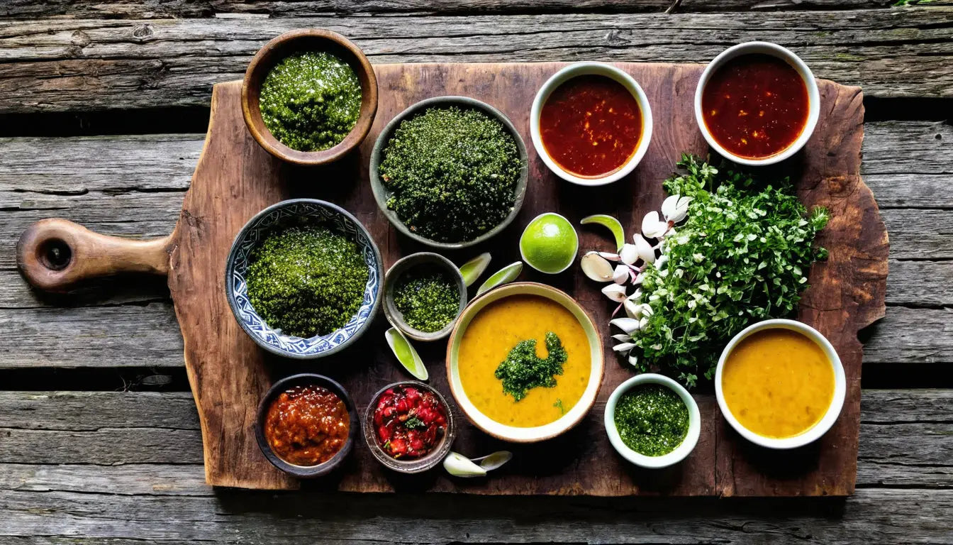 Eine Auswahl an lebhaften Saucen und frischen Kräutern.