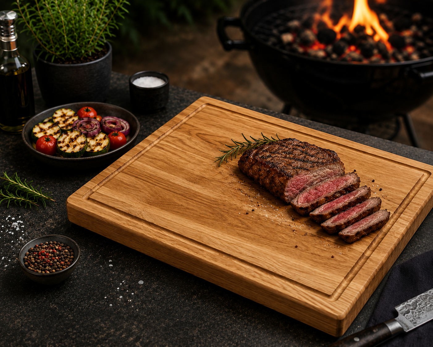 Aufgeschnittenes Steak mit gegrillter Zucchini, Tomaten und roten Zwiebeln auf massivem Eiche-Schneidebrett am Grill