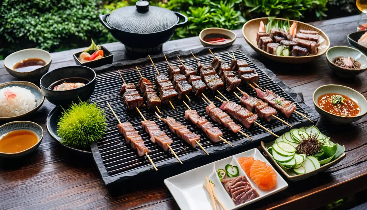 Gegrillte Rindfleischspieße und verschiedene japanische Gerichte.