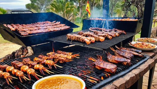 Eine Auswahl an gegrillten Fleischsorten und Garnelen auf Spießen.