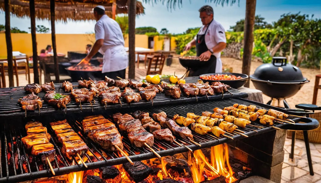 Außengrill mit verschiedenen Fleischsorten.