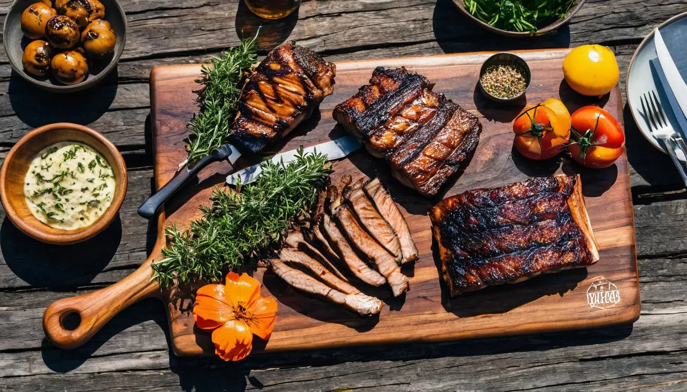 Verschiedene gegrillte Fleischstücke auf einem hölzernen Servierbrett.