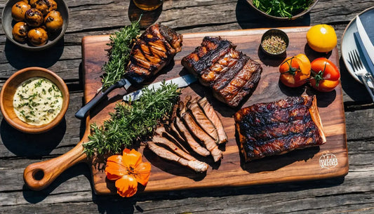 Verschiedene gegrillte Fleischstücke auf einem hölzernen Servierbrett.