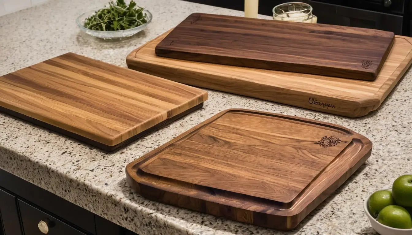 Eine Kollektion von Holzschneidebrettern in verschiedenen Größen und Holztönen.