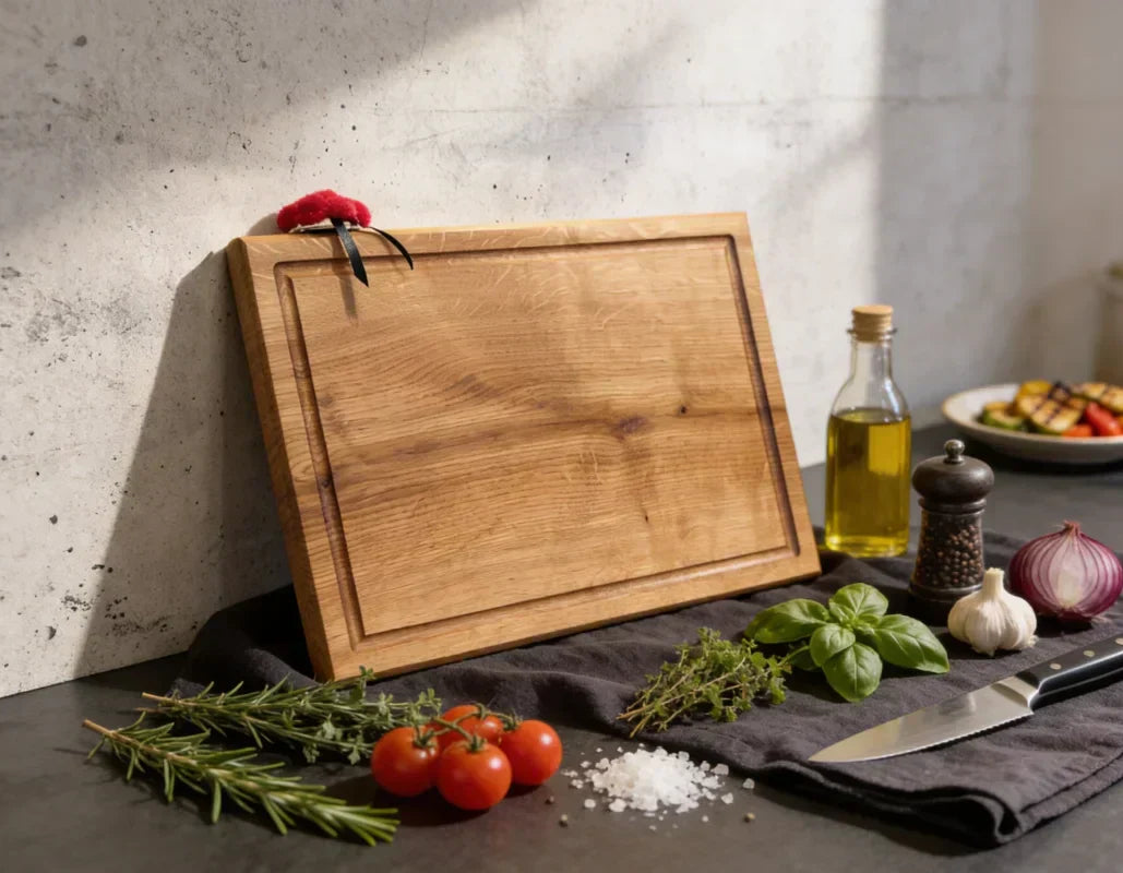Chefbrett aus massivem Holz als Größenvergleich für Küche, Grill und BBQ mit Schneidebrettern von 30x30 bis 80x40 cm.