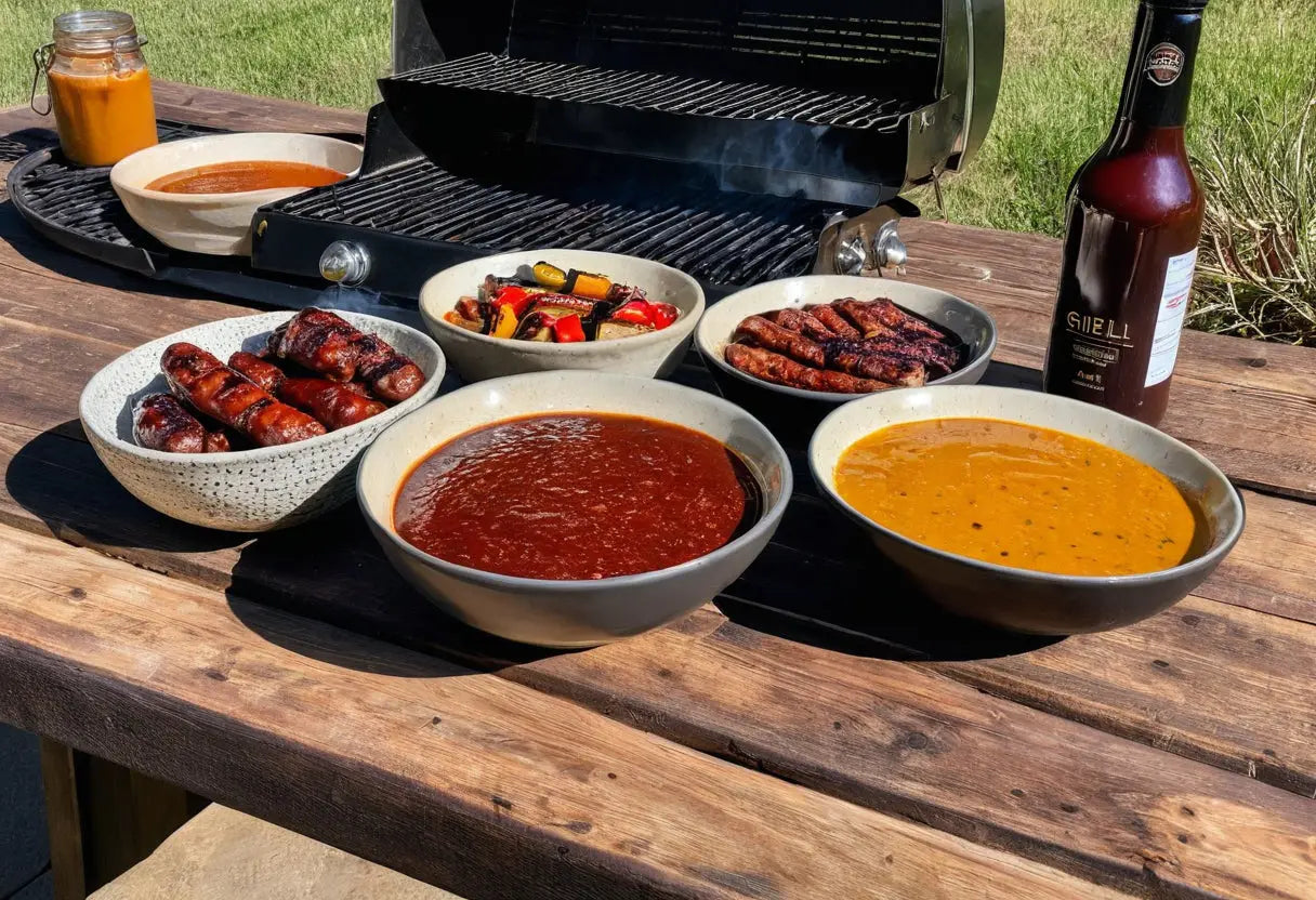 Eine Auswahl an gegrilltem Fleisch, Gemüse und Soßen für ein Barbecue.