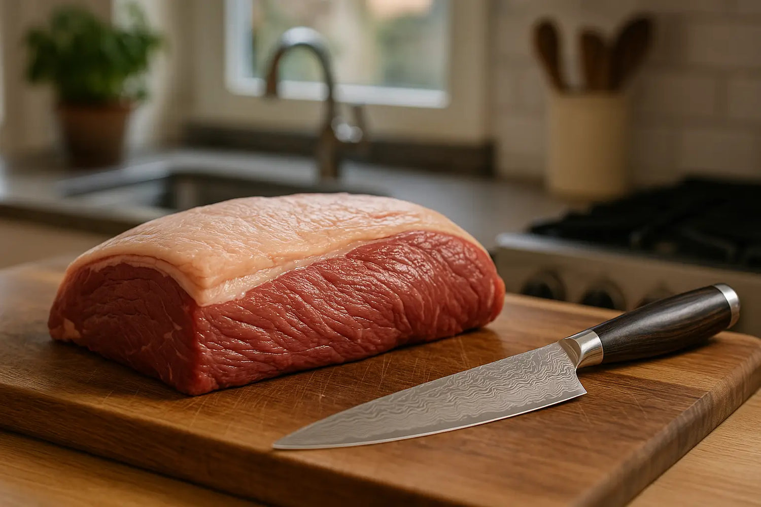 Roher Rinderbraten mit einer dicken Fettschicht.