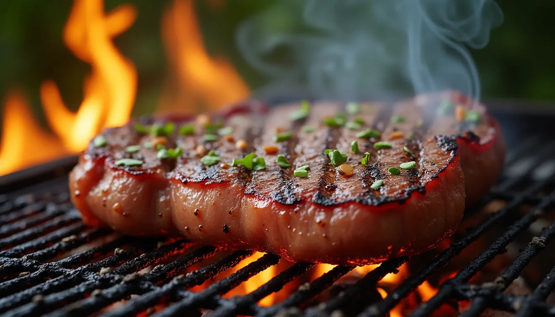 Ein saftiges Steak brutzelt auf einem Grill mit Kräutern und aufsteigendem Rauch.