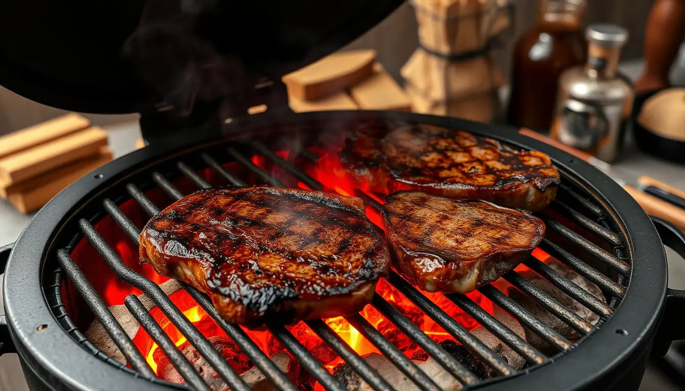 Gegrillte Steaks auf einem feurigen Grill.