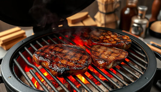 Gegrillte Steaks auf einem feurigen Grill.