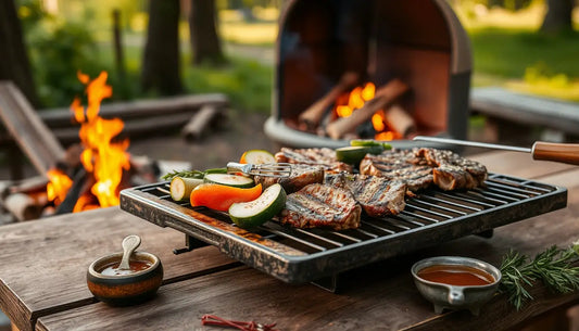 Fleisch und Gemüse werden auf einem Grillrost über den Flammen gegart.