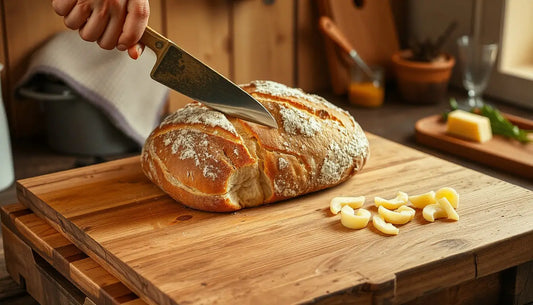 Rustikales Sauerteigbrot wird auf einem hölzernen Schneidebrett aufgeschnitten.