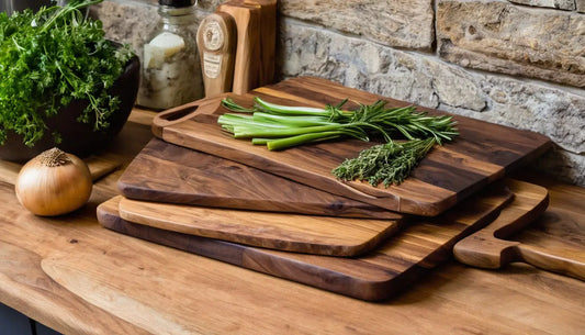 Fünf Schneidebretter aus Holz in verschiedenen Größen von 30×20 bis 130×40 cm – flach nebeneinander auf rustikalem Tisch.