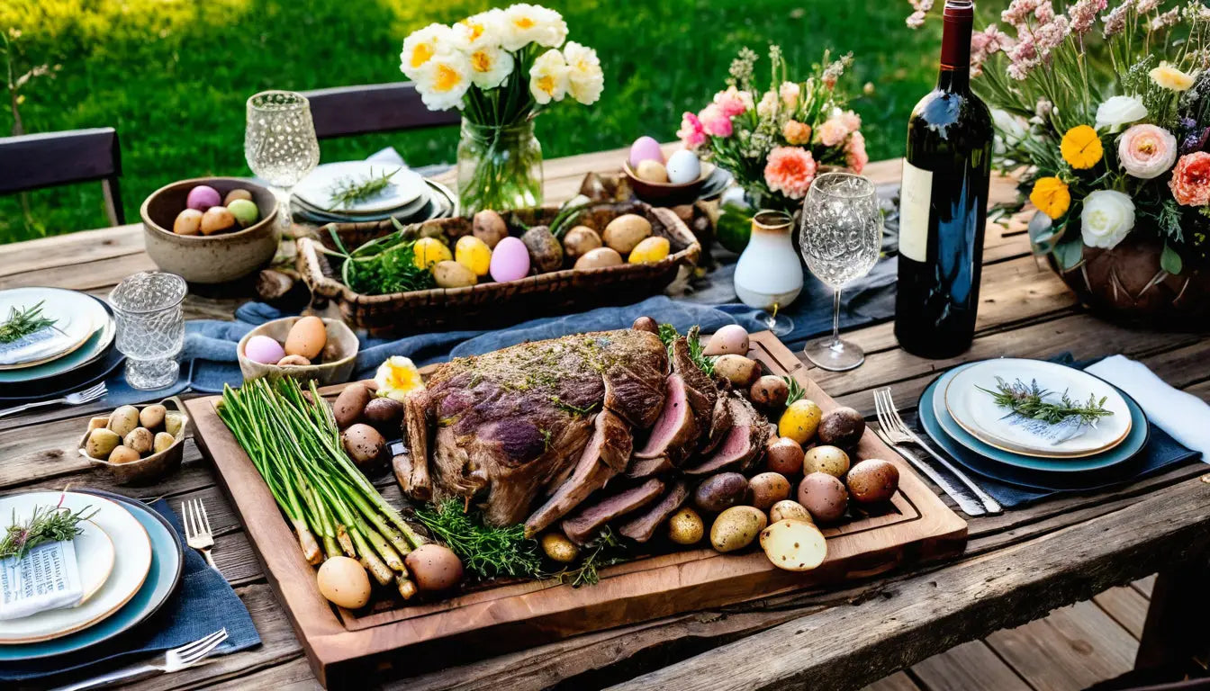 In Scheiben geschnittenes Roastbeef, umgeben von Kartoffeln und Spargel.