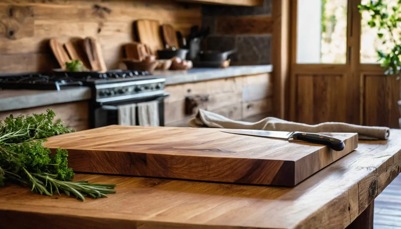 Massives Schneidebrett aus einem Stück Eichenholz mit durchgehender Maserung, stilvoll arrangiert mit Damastmesser und Kräutern auf einem rustikalen Holztisch