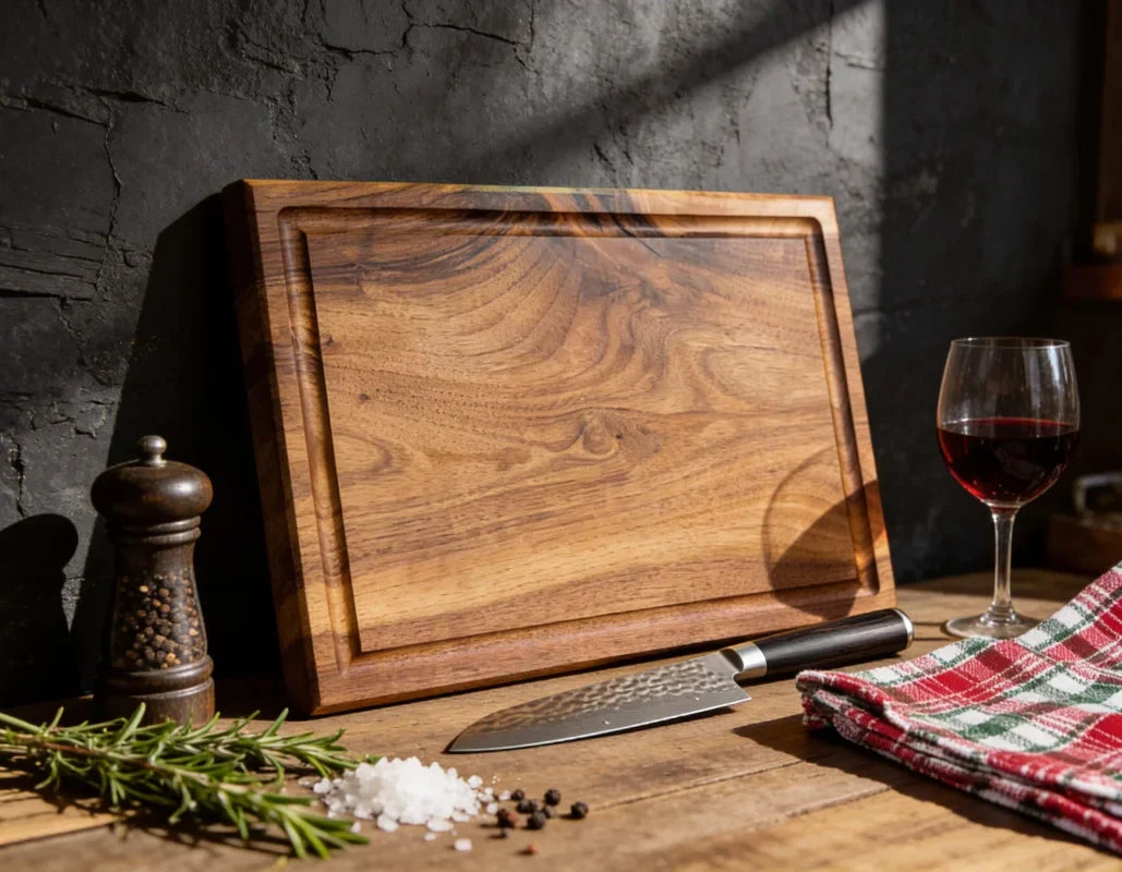 Massives Holz Schneidebrett von wood & more in natürlicher Küchen- oder BBQ-Szene – hochwertiges Chefbrett aus Holz für Schneiden, Servieren und Grillen