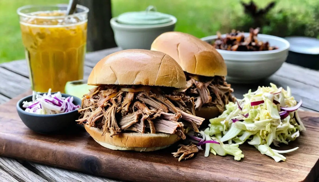 Herzhafte Pulled-Pork-Sandwiches mit Krautsalat und einem Getränk.
