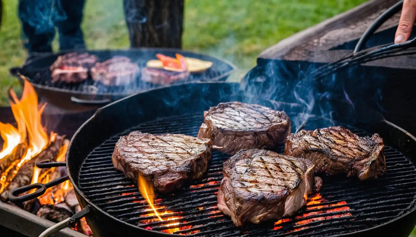 Zwei saftige Steaks beim Reverse Sear auf dem Grill mit offenen Flammen – stimmungsvolle BBQ-Szene bei Sonnenuntergang