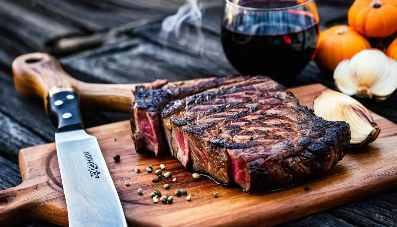Tomahawk Steak auf rustikalem Schneidebrett, aufgeschnitten und dampfend – BBQ-Inszenierung mit Messer und Servierutensilien.