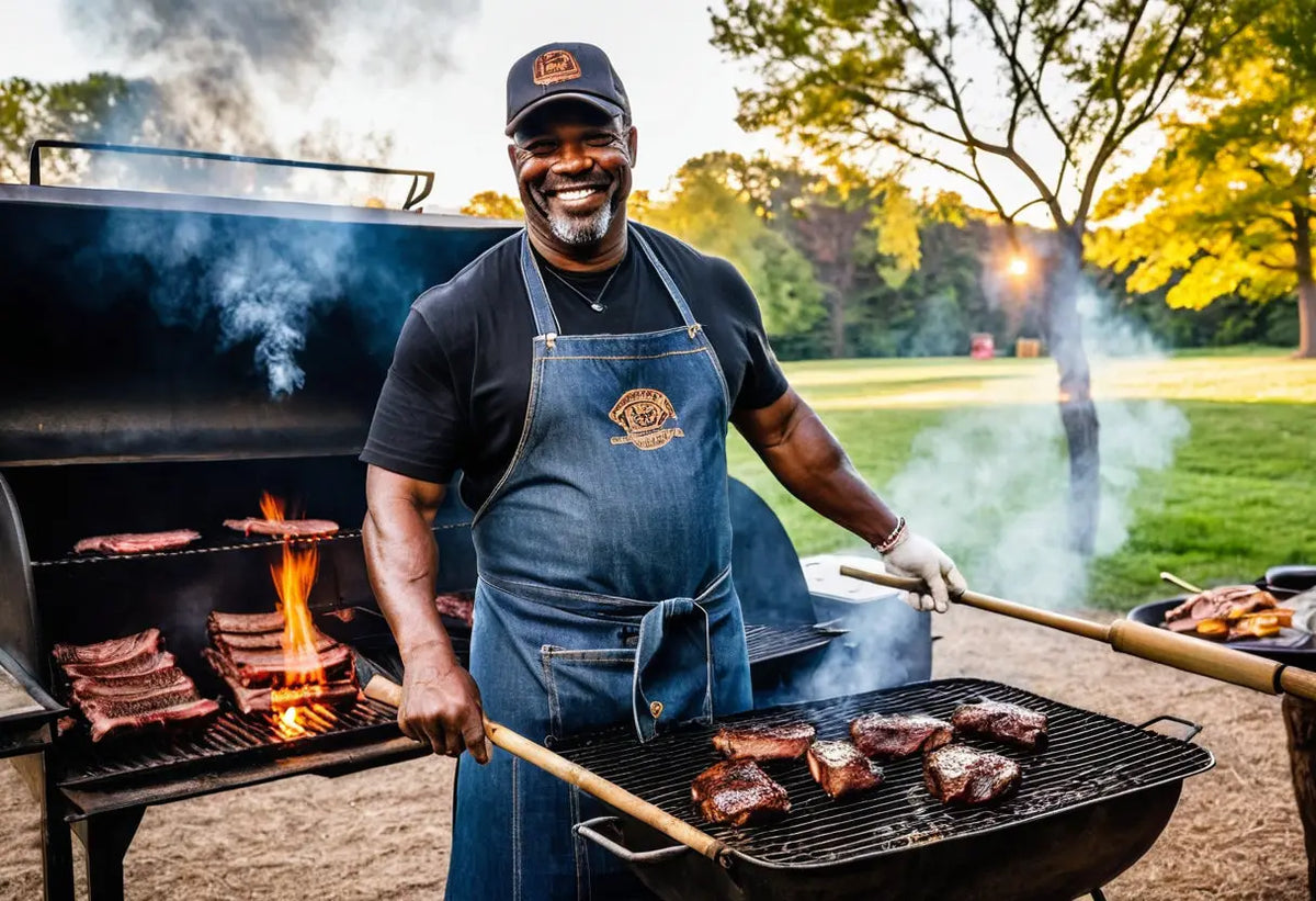 Ein Mann grillt verschiedene Fleischsorten auf zwei Grillrosten.
